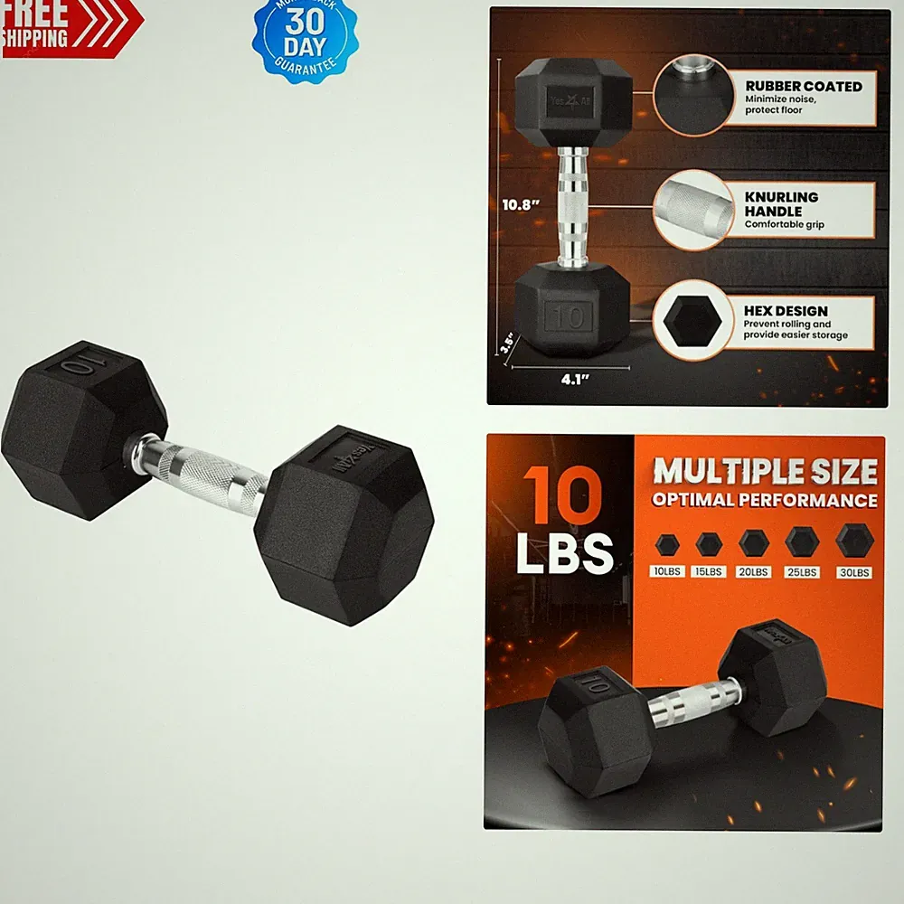 Chrome Grip Hex Dumbbell – 10 LBS Anti-Slip Weighted Hand Weights for Strength