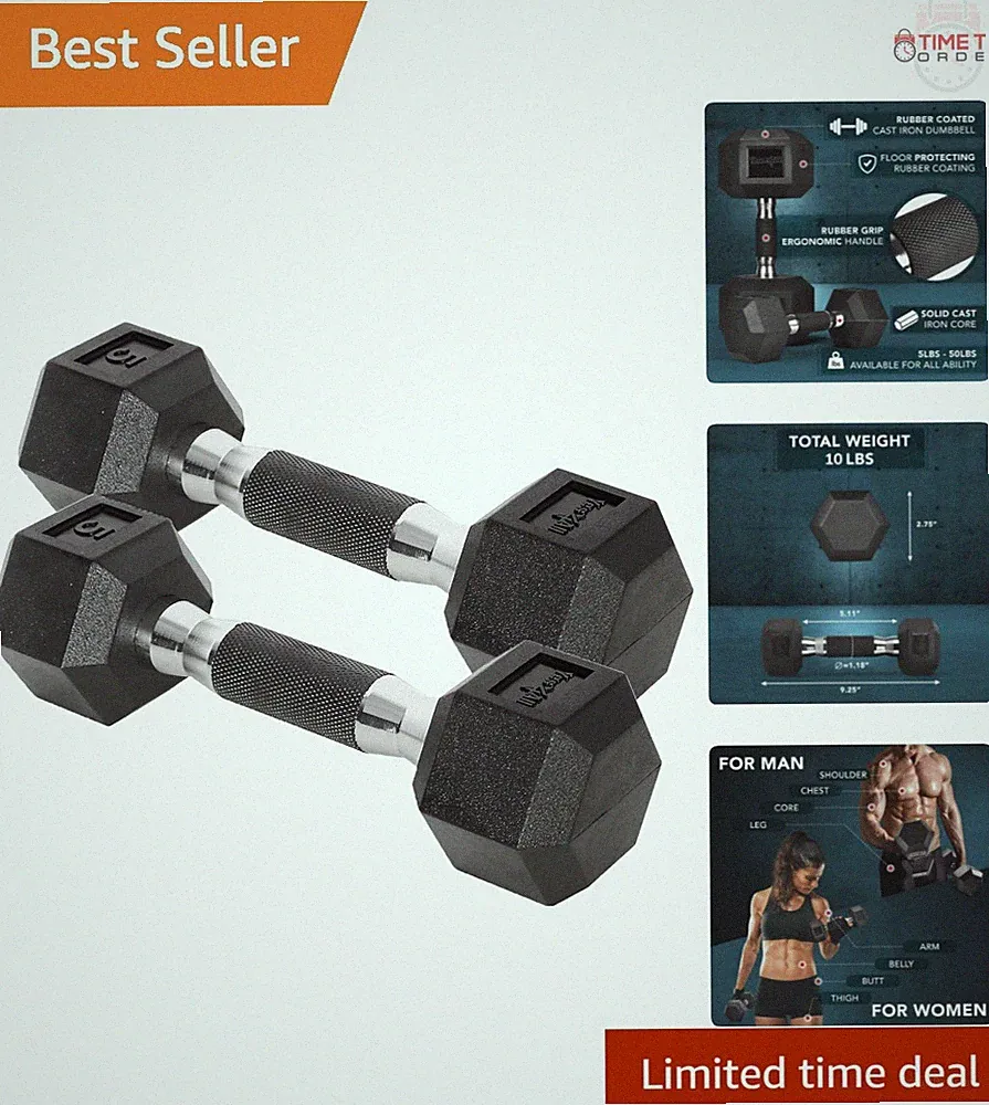 Chrome/Rubber Grip Hex Dumbbells 10-30 LBS Pair Anti-Slip No-Roll Unbreakable