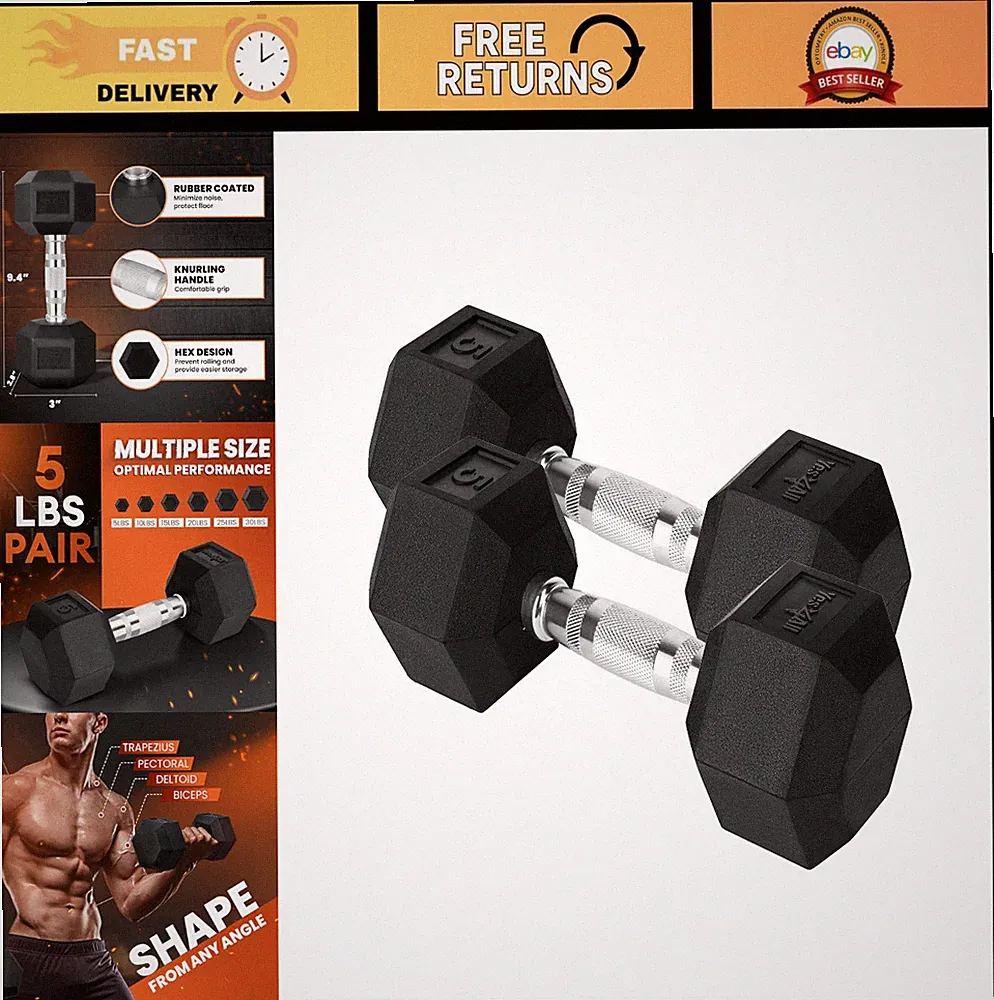 Chrome Rubber Grip Hex Dumbbells - Anti-Slip Hand Weights 10-30 LBS Pair