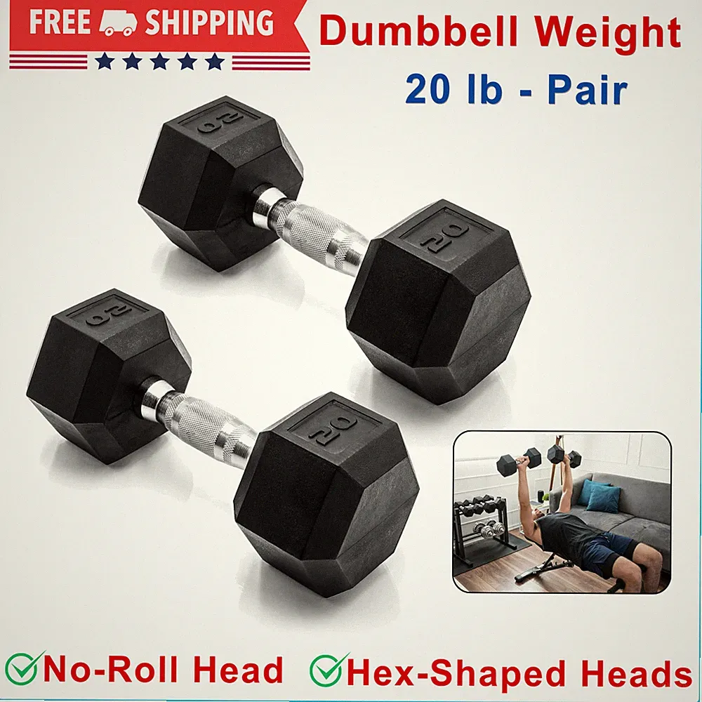 Coated Dumbbell Weight, Pair of 20 lb Dumbbells, No-Roll Head, Chrome Handle