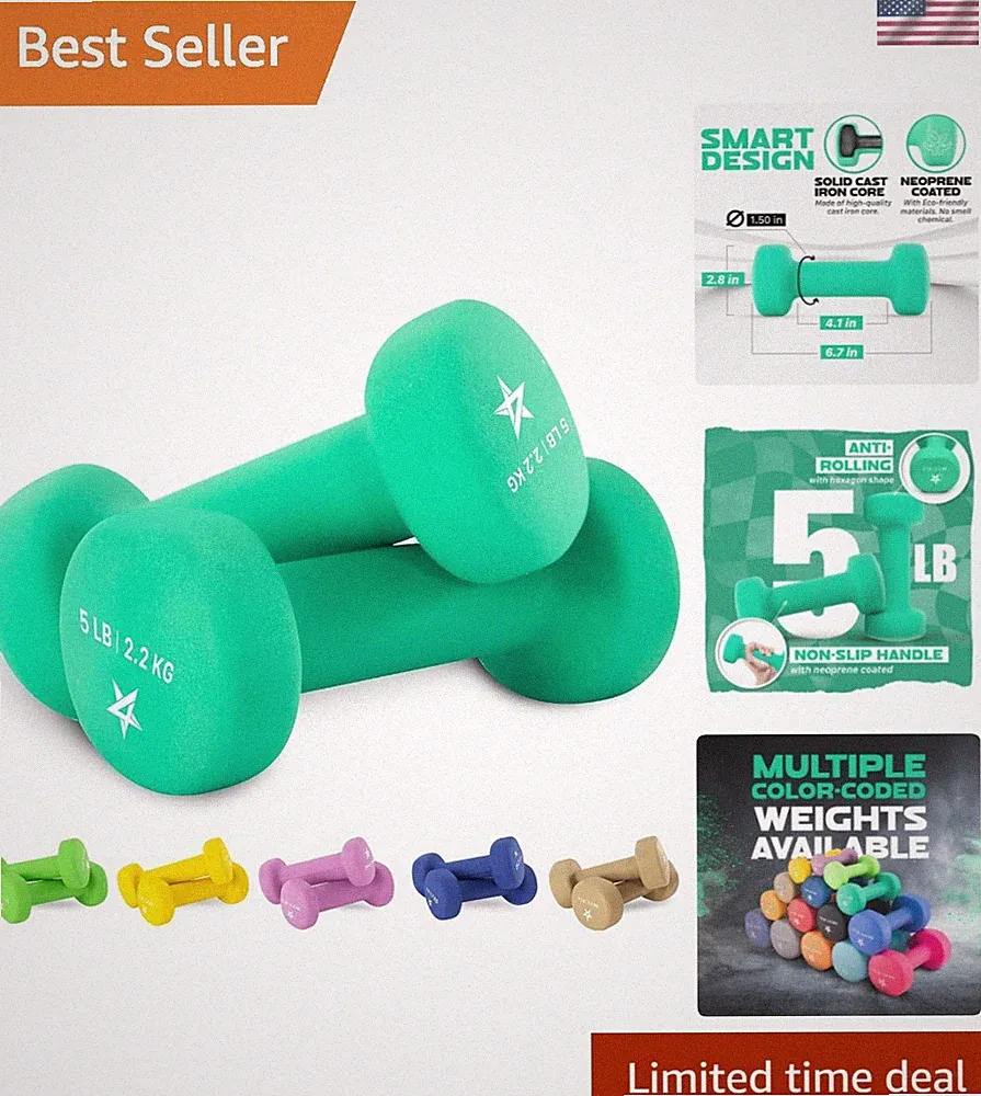Color-Coded 5 lbs Neoprene Dumbbells - Pair with Anti-Rolling Heads for Safety