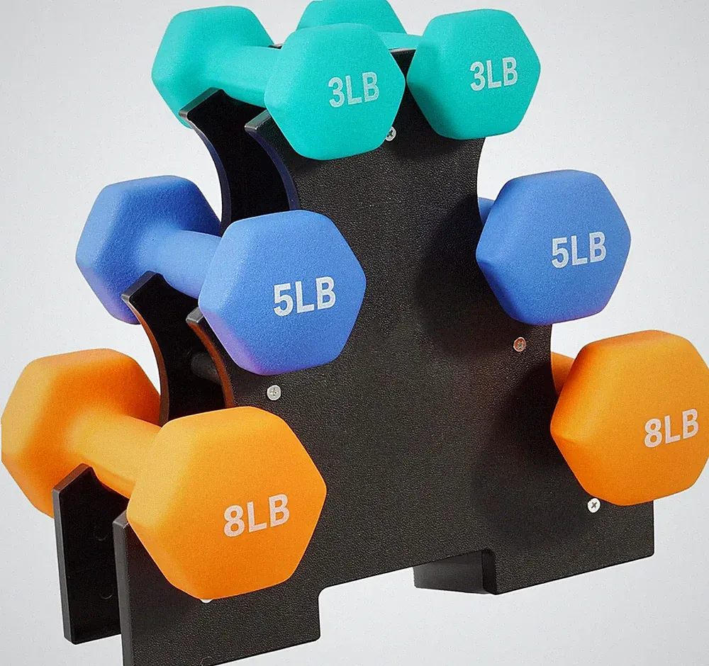 Colored Neoprene Dumbbell Set with Rack, 32LB Set: 3/5/8LB Pairs, Color Series