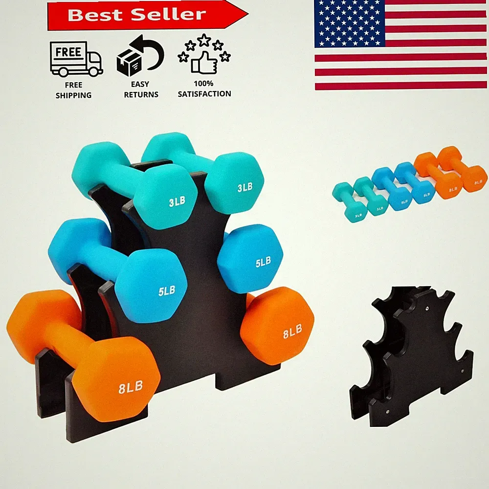 Colored Neoprene Dumbbell Set with Stand - 3, 5, and 8 lbs for Home Training