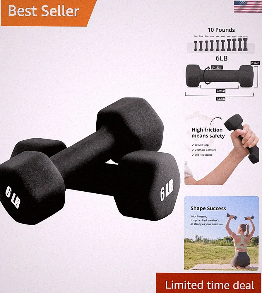 Colorful Hex Dumbbells Set of 2 - 06 LB, Anti-Slip Neoprene Casing
