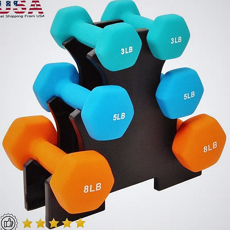 Colorful Neoprene Dumbbell Set W/ Stand 3lb 5lb 8lb Hex Weights Home Gym New