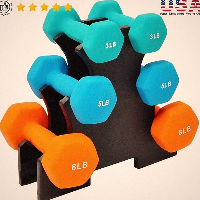 Colorful Neoprene Dumbbell Set W/ Stand Hexagon Design Full-Body Home Gym New