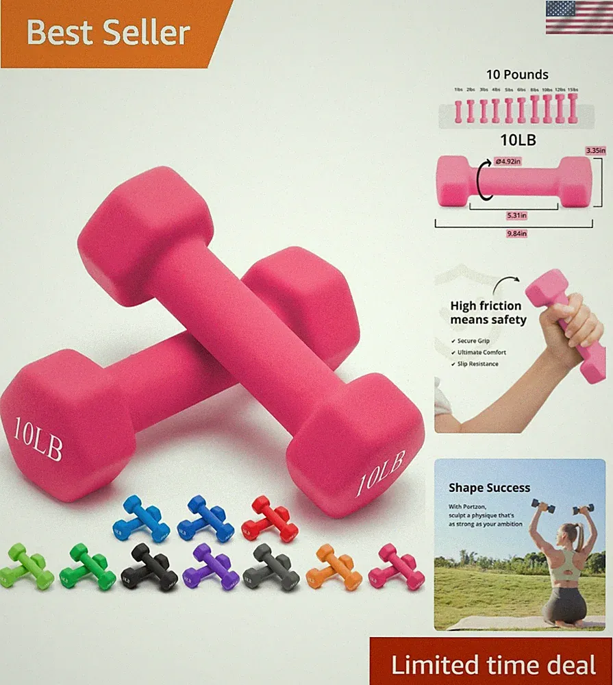 Compact 10-Pound Neoprene Dumbbell Pair - Non-Slip Hex Weight Optional Colors