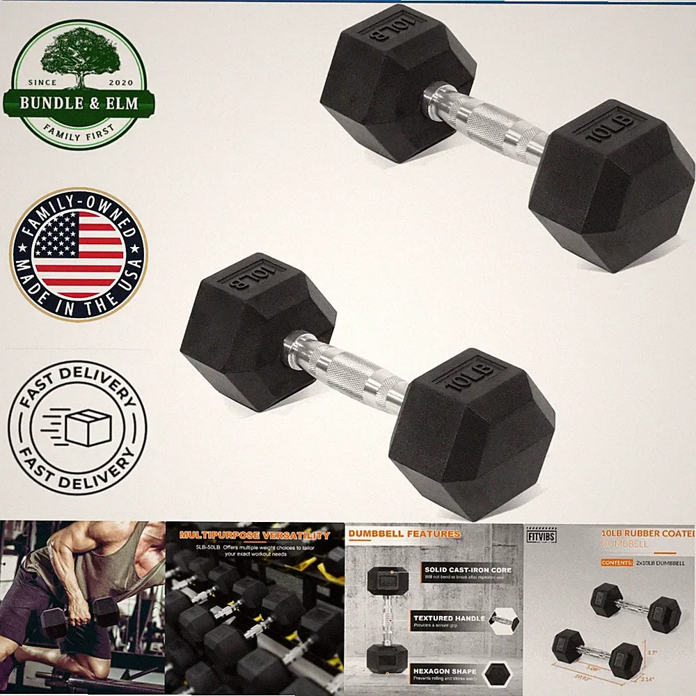 Compact 10lb Rubber Encased Dumbbells for Home Gym or Outdoor Fitness Activities
