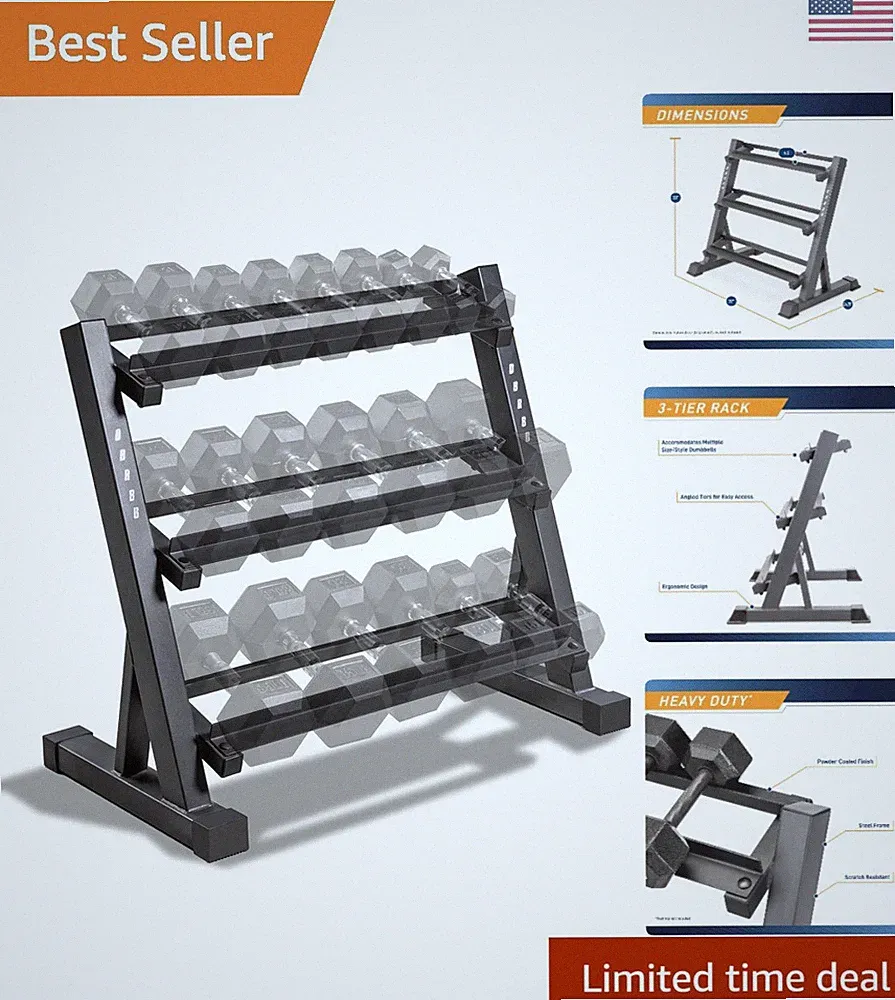 Compact 3-Tier Dumbbell Rack - Heavy-Duty Alloy Steel Weight Storage Solutions