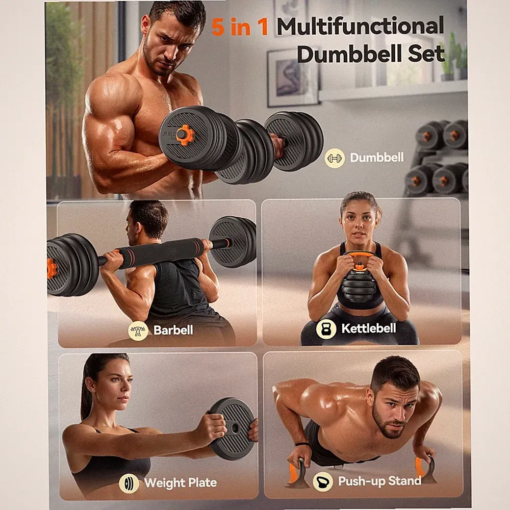 Compact 5-in-1 Dumbbells Set with Barbell Option