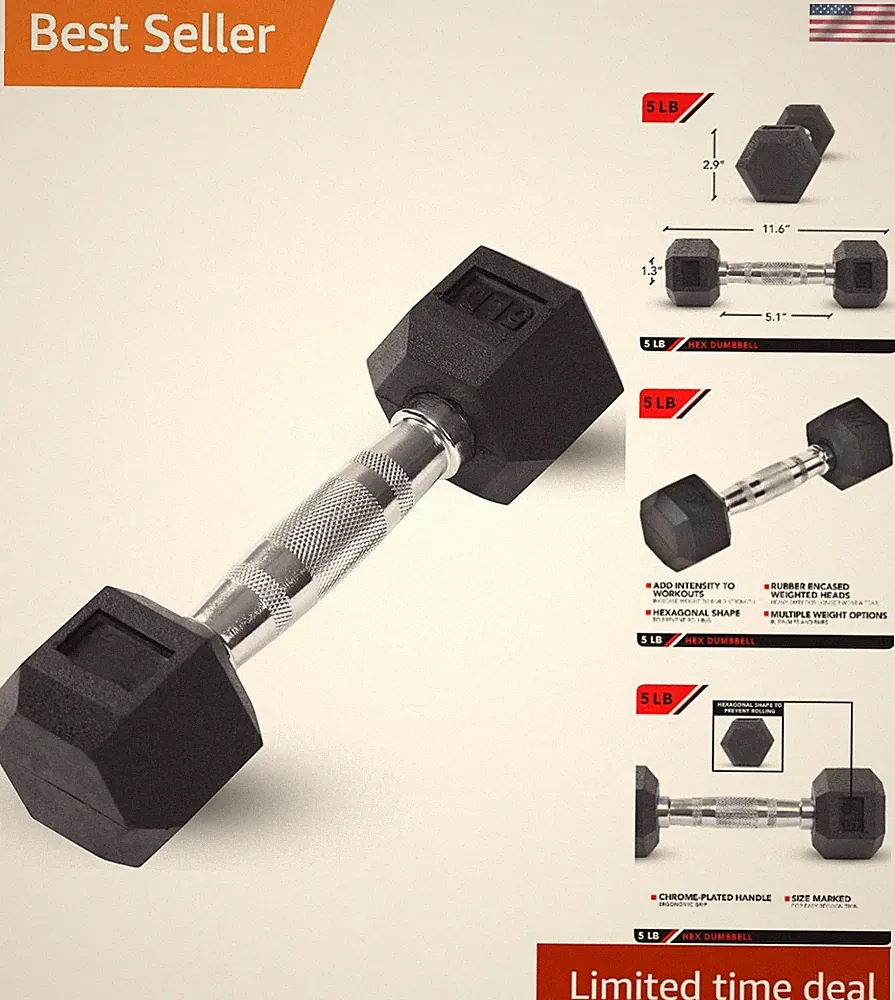 Compact 5 lb Rubber Hex Dumbbell - Anti-Rolling Ergonomic Hand Weight