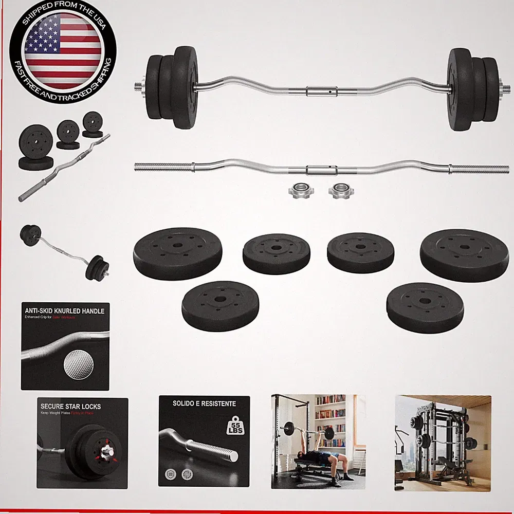 Complete Barbell Set: 55LB Olympic Curl Bar with Durable Plates for Home & Gym