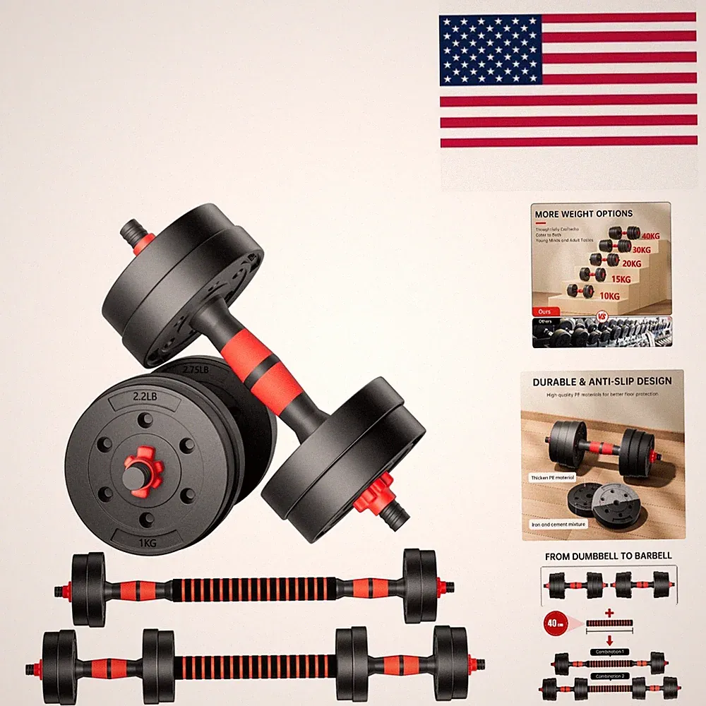 Convertible Adjustable Dumbbells & Barbell Set for Total Body Fitness - Red