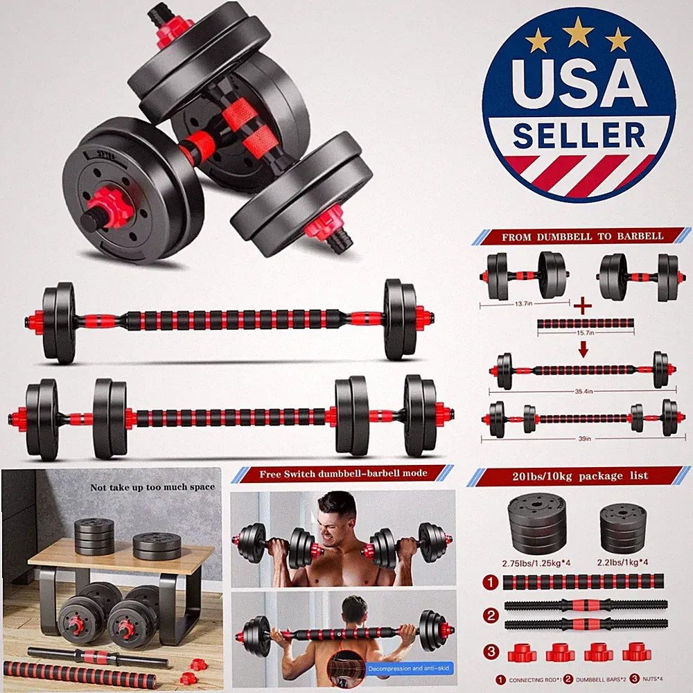Convertible Dumbbell to Barbell Set - Space-Saving 20lb Weight Fitness Kit