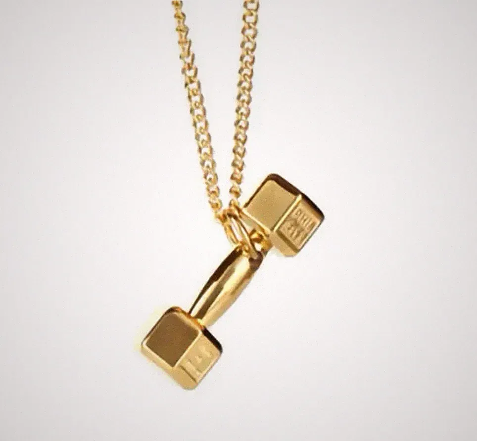 Cool Punk Hip Hop Fitness Gym Weightlifters Punk Dumbbell Necklace-Gold Color
