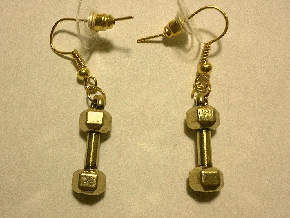 CROSSFIT FITNESS BARBELL HAND WEIGHTS Dangle Drop GOLD TONE HOOK EARRINGS