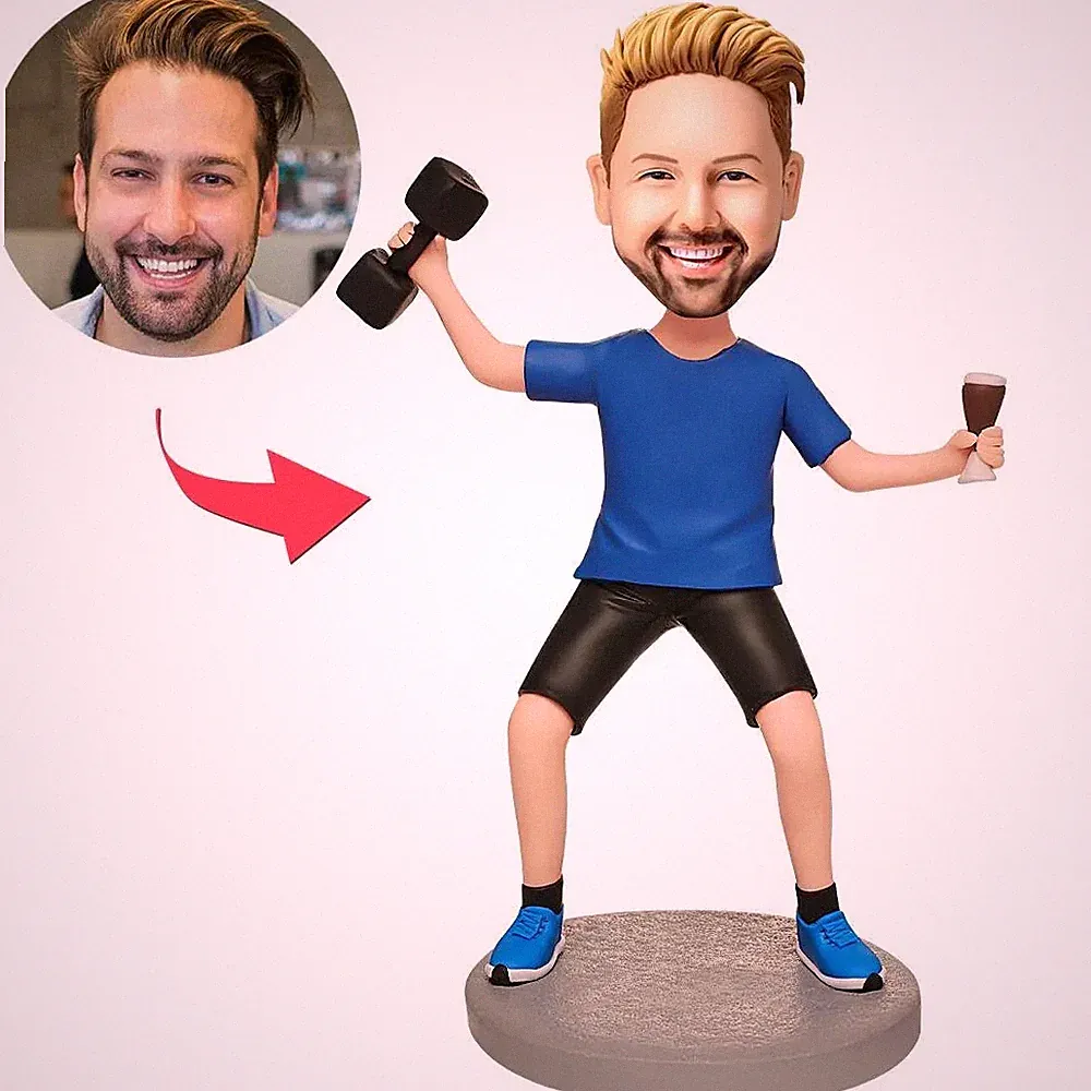 Custom Happy Man Bobblehead Holding Dumbbells Personalized Gift for Fitness Love