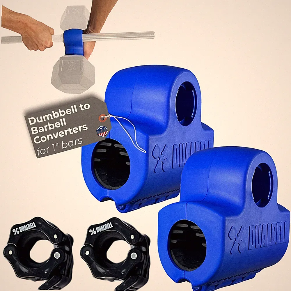 Dualbell Dumbbell Barbell Converter Pair + Collars 1” Bar Gym Set Blue/Black