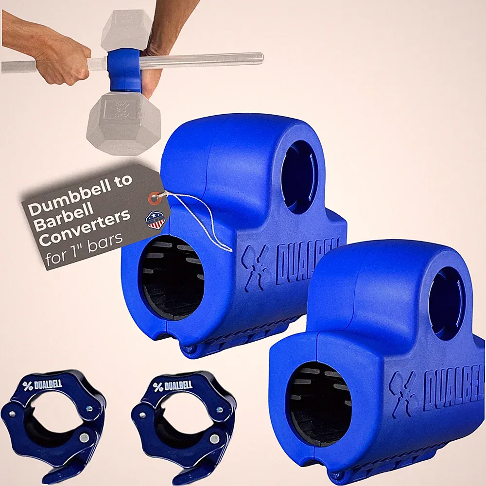 Dualbell Dumbbell Barbell Converter Pair + Collars 1” Bar Gym Set Blue/Blue, USA