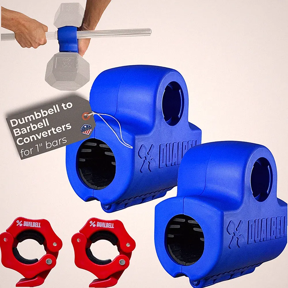 Dualbell Dumbbell Barbell Converter Pair + Collars 1” Bar Gym Set Blue/Red, USA