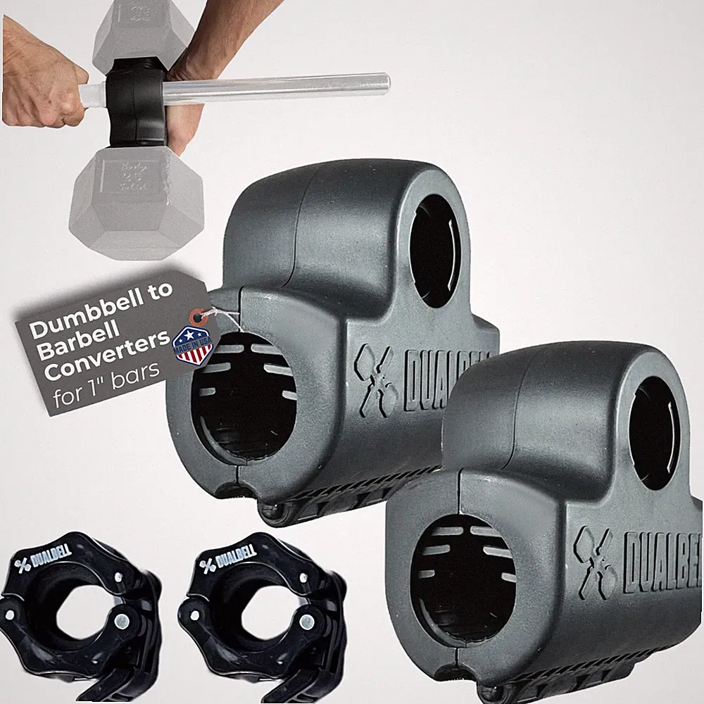 Dualbell Dumbbell Barbell Converter Pair + Collars 1” Bar Home Black/Black, USA