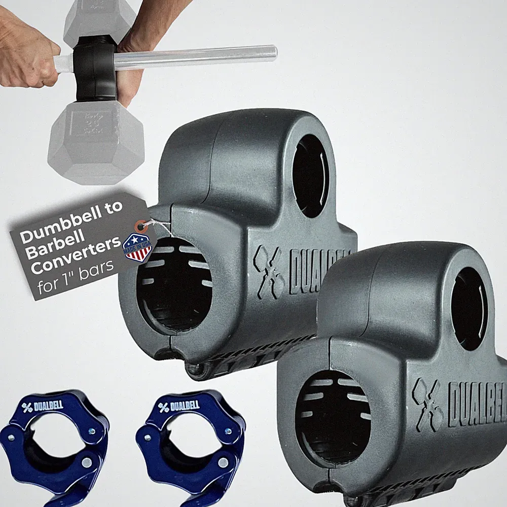 Dualbell Dumbbell Barbell Converter Pair + Collars 1” Bar Home Black/Blue, USA