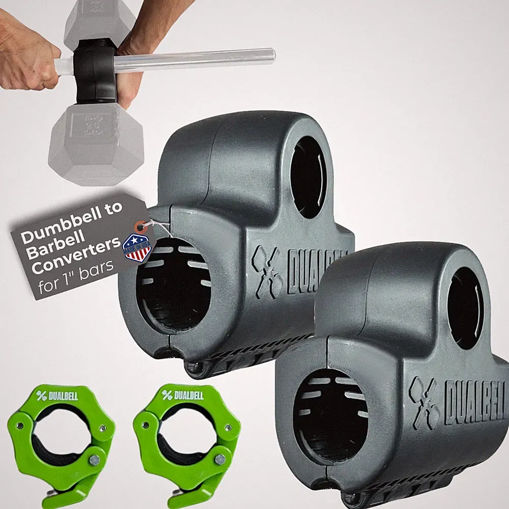 Dualbell Dumbbell Barbell Converter Pair + Collars 1” Bar Home Black/Green
