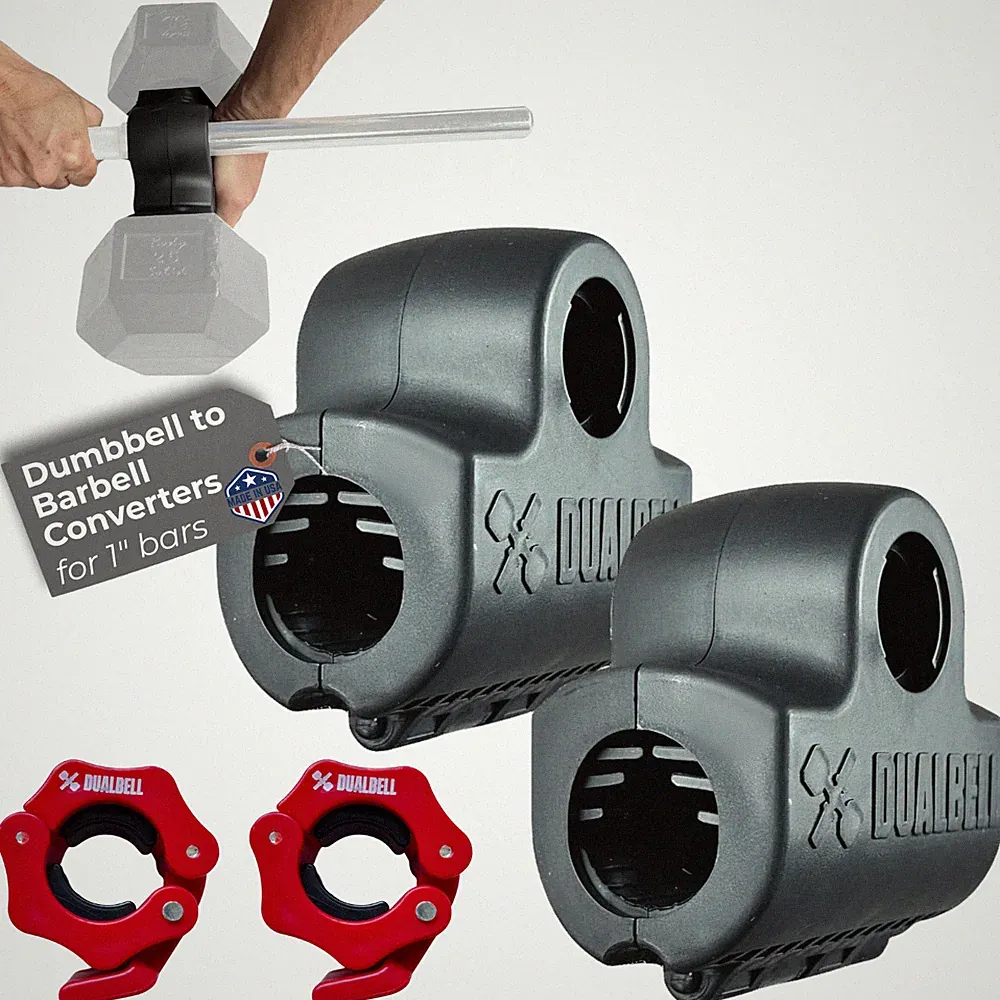 Dualbell Dumbbell Barbell Converter Pair + Collars 1” Bar Home Black/Red, USA