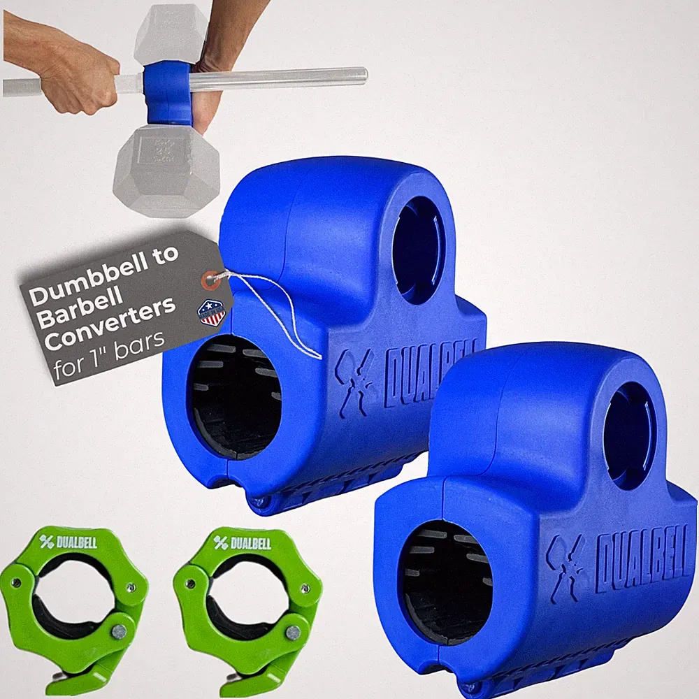 Dualbell Dumbbell Barbell Converter Pair + Collars 1” Bar USA Gym Set Blue/Green