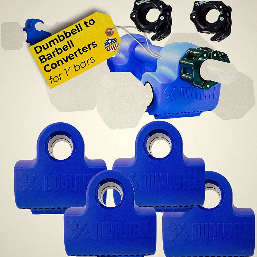Dualbell Dumbbell Barbell Converter Superset + Collars 1” Bar Blue/Black, USA