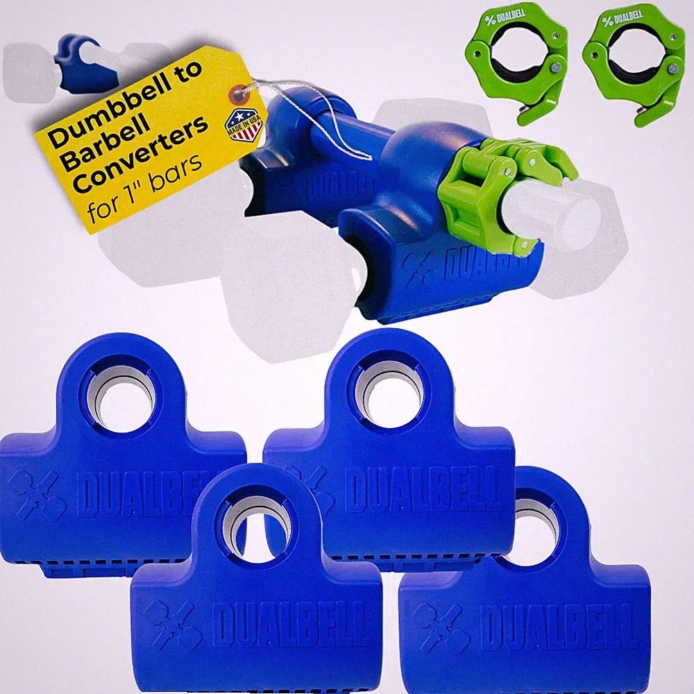 Dualbell Dumbbell Barbell Converter Superset + Collars 1” Bar Blue/Black, USA