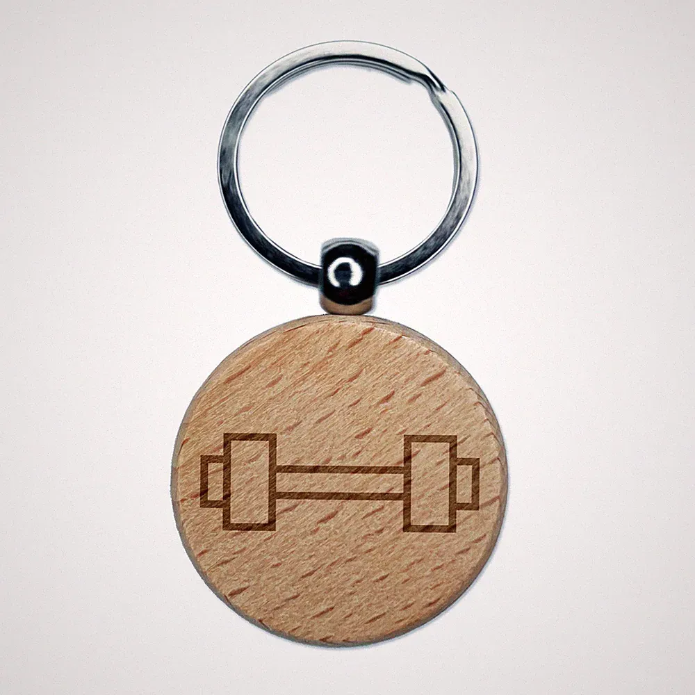 Dumbbell Barbell Weight Lifting Outline Engraved Wood Round Keychain Tag Charm