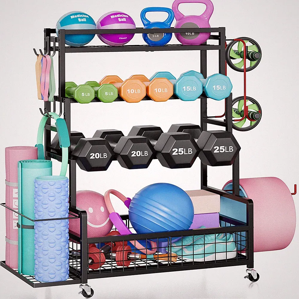 Dumbbell Rack for Home Gym, 490 lbs Weight Storage Rack with Wheels & Hooks |...