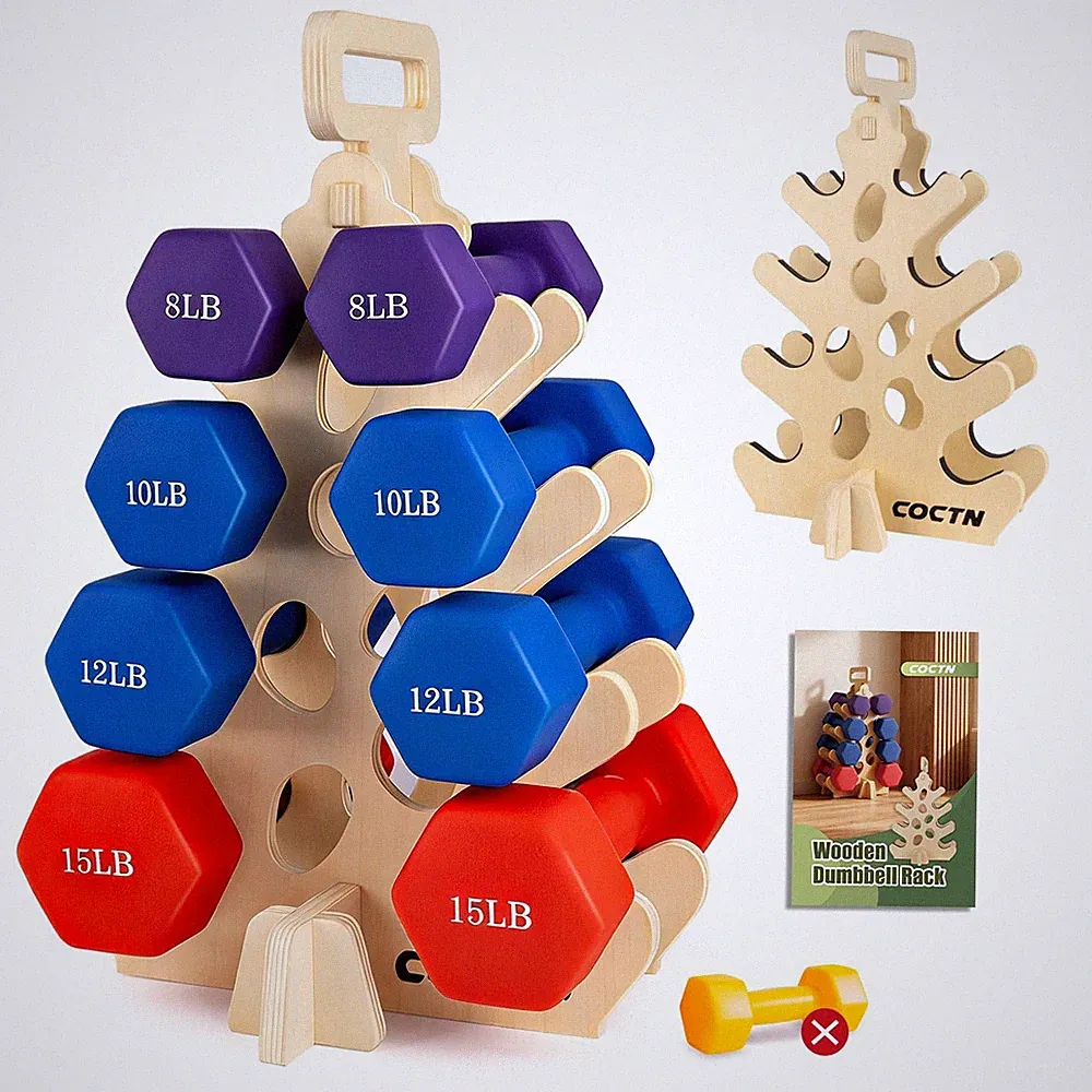 Dumbbell Rack Stand Only, Wooden 4-Tier Small Weight Holders for 5-15lbs Free