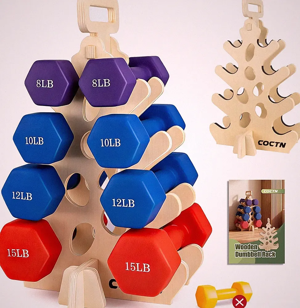 Dumbbell Rack Stand Only, Wooden 4-Tier Small Weight Holders for 5-15Lbs Free We