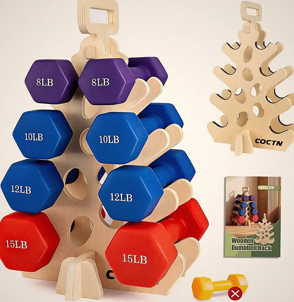 Dumbbell Rack Stand Only Wooden 4-Tier Weight Holders for 5-15lbs Free Weights