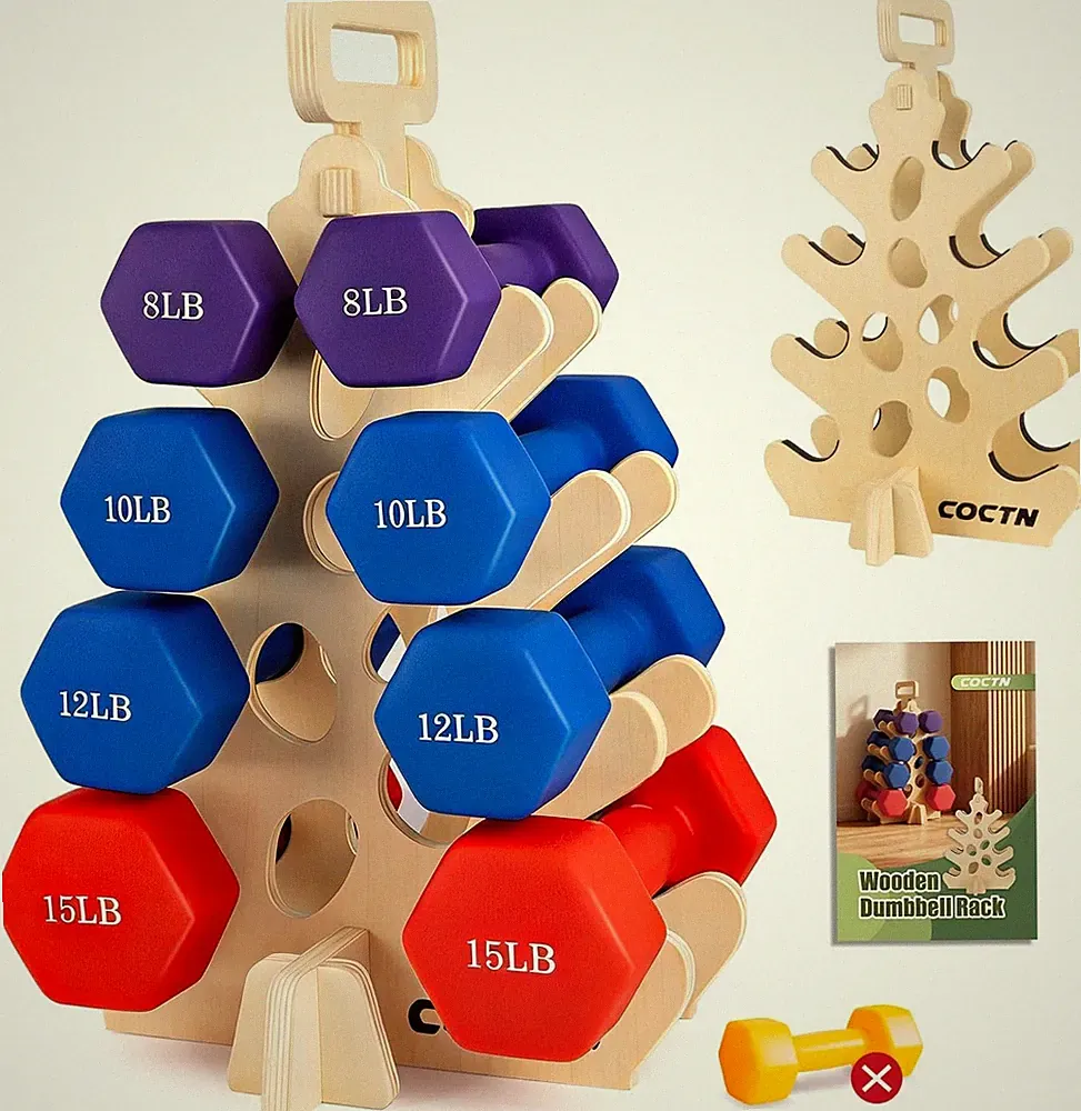 Dumbbell Rack Stand Only Wooden 4-Tier Weight Holders for 5-15lbs Free Weights