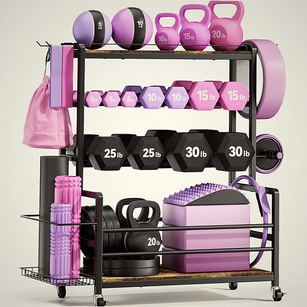Dumbbell Rack with Wheels, 3-Tier Home Gym Storage Rack, Workout Equipment Or...