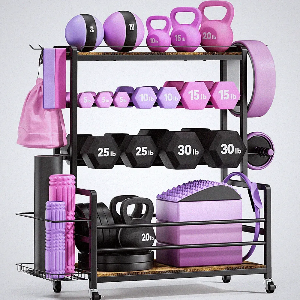 Dumbbell Rack with Wheels, 3-Tier Home Gym Storage Rack, Workout Equipment Or...