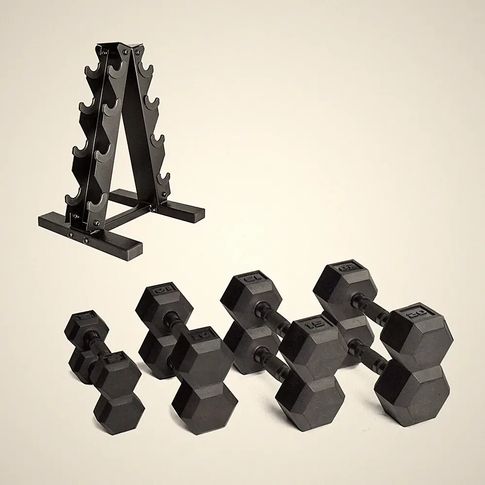 Dumbbell Set 100 lb Rubber Coated Hex Black With Vertical Rack CAP Barbell Home