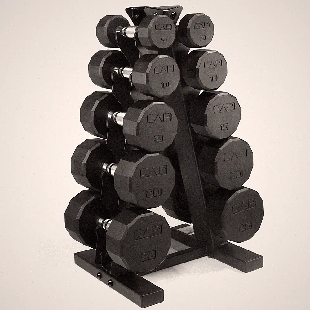 Dumbbell Set 150 lb 12 Sided Rubber Coated Chrome Handle Rack CAP Home