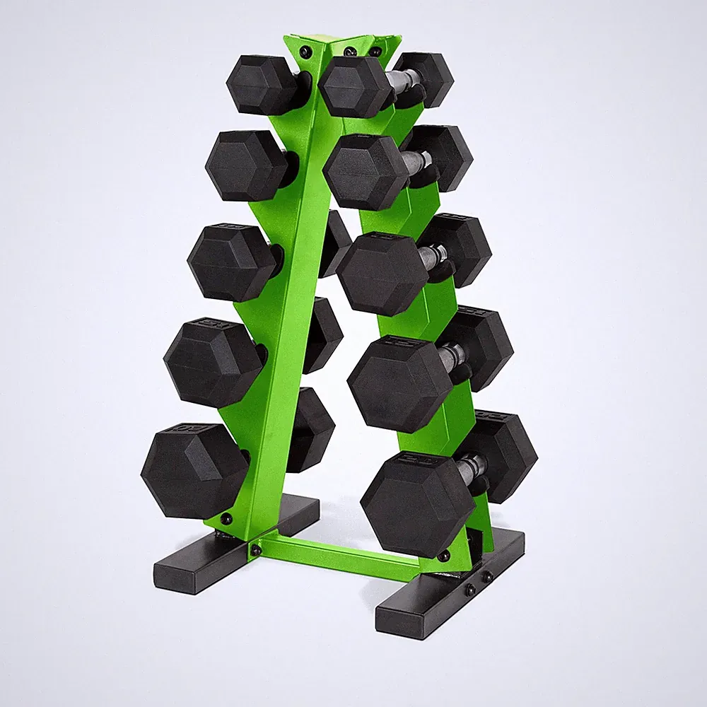 Dumbbell Set 150 LB Rubber Coated Hex Weight Chrome Handle Green Rack Vertical