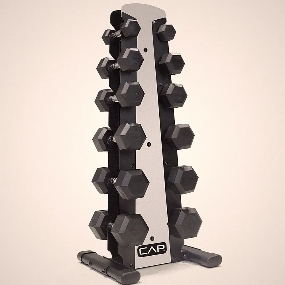 Dumbbell Set 210 lb Rubber Coated Hex Chrome Handle Silver Rack CAP Vertical