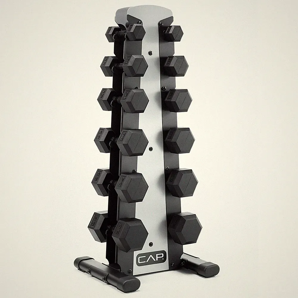 Dumbbell Set 210lb Rubber Hex Black Grip Silver A Frame Rack CAP Storage