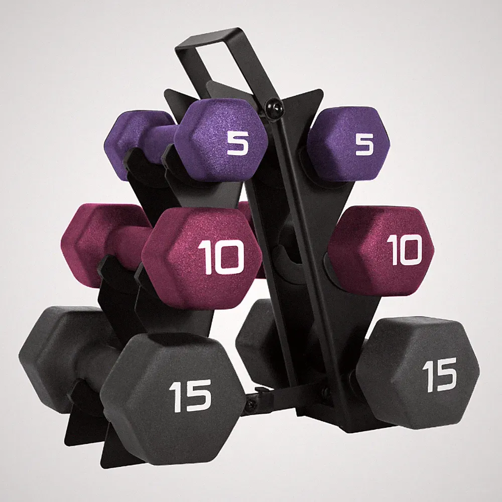 Dumbbell Weight Set 60 lb Neoprene Hex CAP Barbell A Frame Rack Vertical