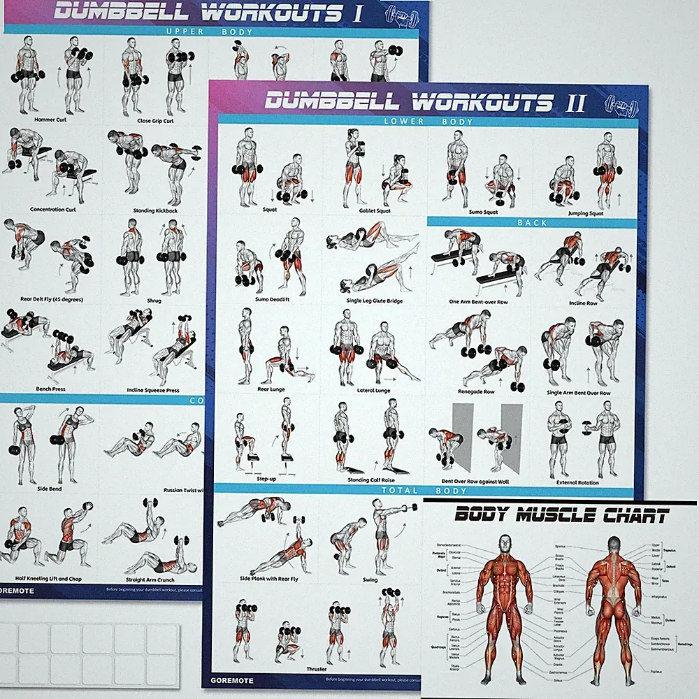 Dumbbell Workout Poster Set (2 Pack) - Workout Posters for Home Gym, Volume I...