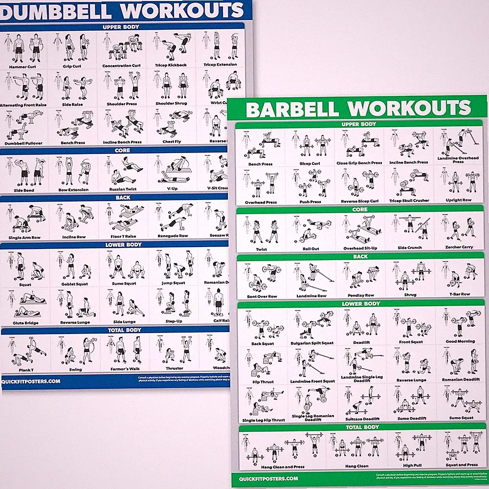 Dumbbell Workouts and Barbell Exercise Poster Set - Laminated 2 Chart Set - Dumb