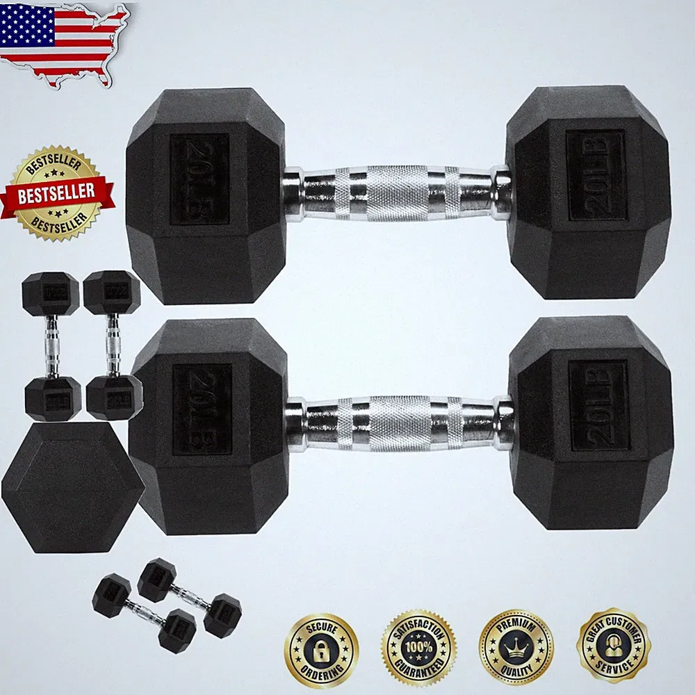 Dumbbells 20lb Pair Hex Rubber Encased Cast Iron Chrome Handle Durable