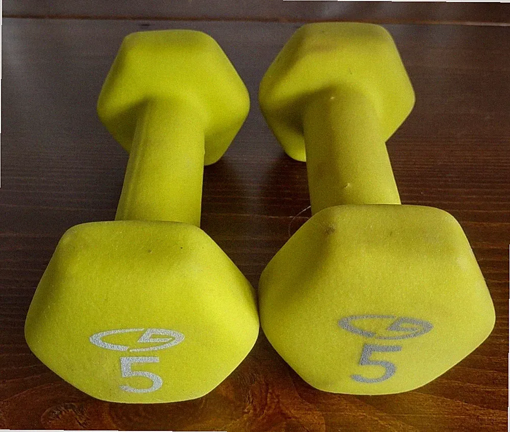 Dumbbells: by TONE FITNESS; Pair of 5 lb. weights, Green Rubber Coated