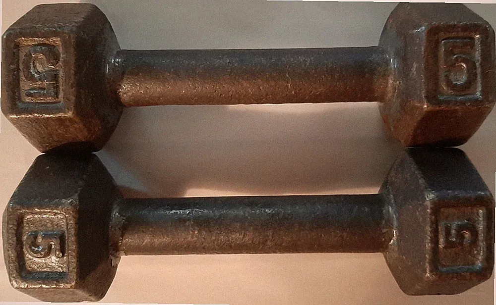 Dumbbells Odd Pair, of (2) 5 Pound Hex Cast Iron Weights 10 lbs. total.